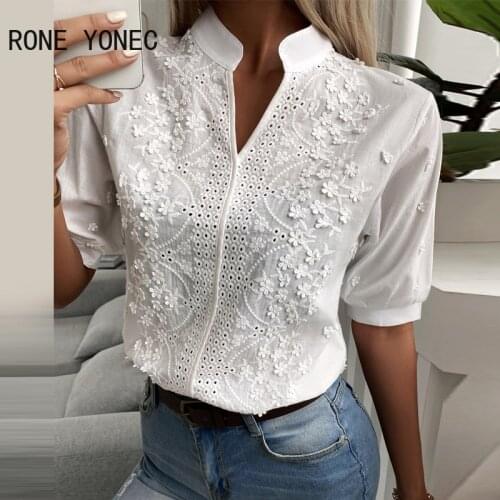 Women Casual Solid Hollow-out Floral V neck Chic Blouse