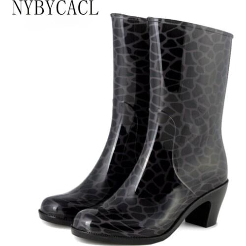 Women Mid-calf High Heels Rain Boots PVC Slip-on Rainboots Waterproof Water Shoes Woman Wellies Rubber overshoes Wading galoshes