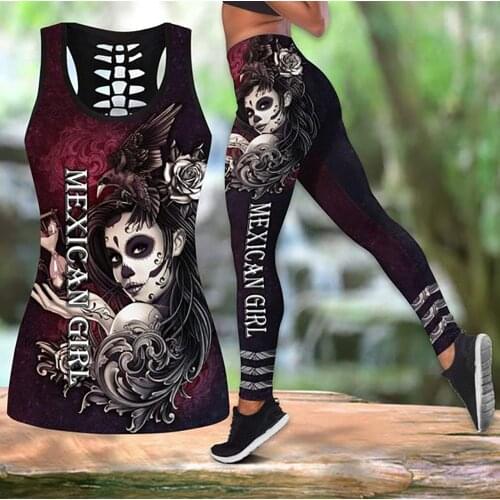 Womens Over Printed Yoga Suit Witch MexicanGirl 3D Printing Hollow Vest Tank Top High Waist Leggings Sports Ladies Suit