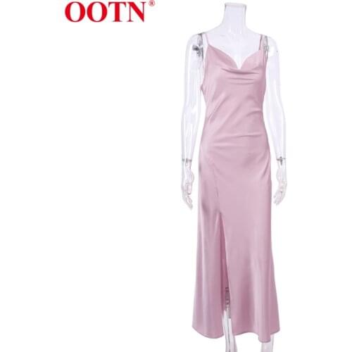 OOTN Elegant Pink Satin Spaghetti Strap Summer Dress Sleeveless Draped Neck Sexy Party Women Dresses Split Midi Long Dress Black