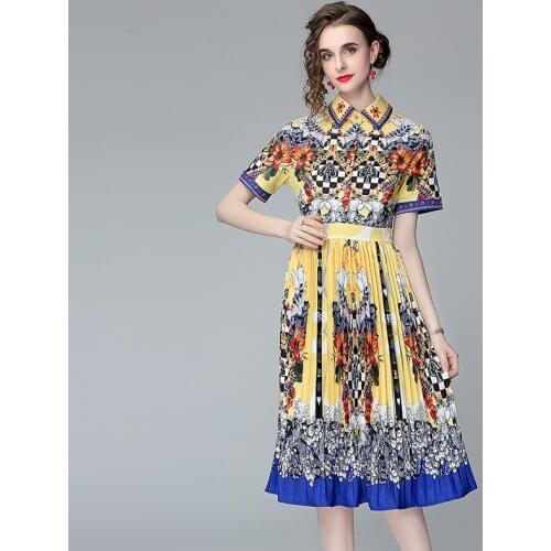 Summer Runway Shirt Dress Womens Turn-Down Collar Short Sleeve Vintage Print Designer Midi Pleated Dress Vestidos K9115
