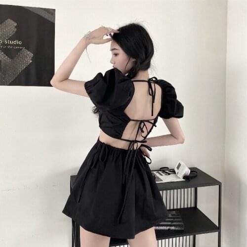 Summer Square Collar Puff Short Sleeve Dresses Black Gothic Women Sexy Backless Mini Dress Dark Goth Korean Fashion Clothes