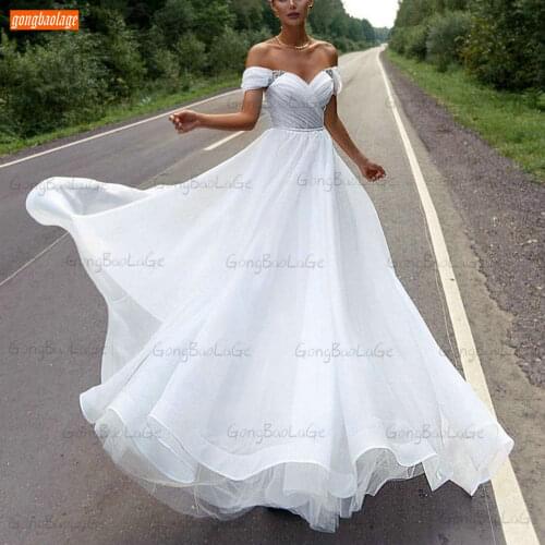 Sexy White Wedding Dress Boho Off Shoulder 2021 Robe De Mariée Custom Made Vestidos De Noiva Organza Crystal Pleats Bridal Gowns