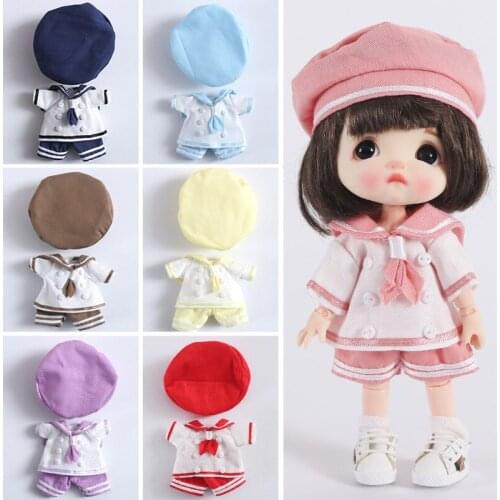 1set lovely bjd clothes obitsu 11 Doll School Uniform Suit(Shirt+pant+Hat) for Ob11,GSC,Molly,1/12 BJD Doll Clothes Accessories