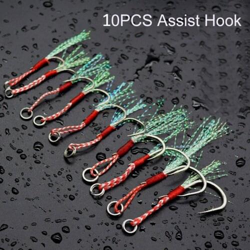 10pcs/bag Casting Metal Jig Fishing Hook Slow Jigging Fishing Lure Carbon Single Assistant Hook with Thread Feather Fishing Line