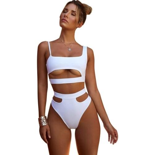 2019 biquini high waist women bikini set solid black white femme cut out swimsuit thong swimwear Maillot De Bain Brazilian