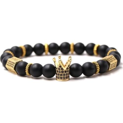 2020 Trendy 8mm Natural Matte Black stone bead Bracelets Bangle Pave CZ 4 color Crown bracelet for Men&Women DIY classic Jewelry