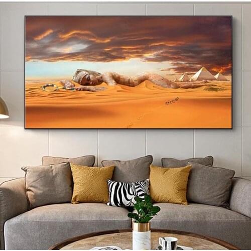 Abstract Egypt Pyramid Egypt Desert Oasis Nude Woman Oil Painting on Canvas Posters and Prints Wall Art Picture for Living Room