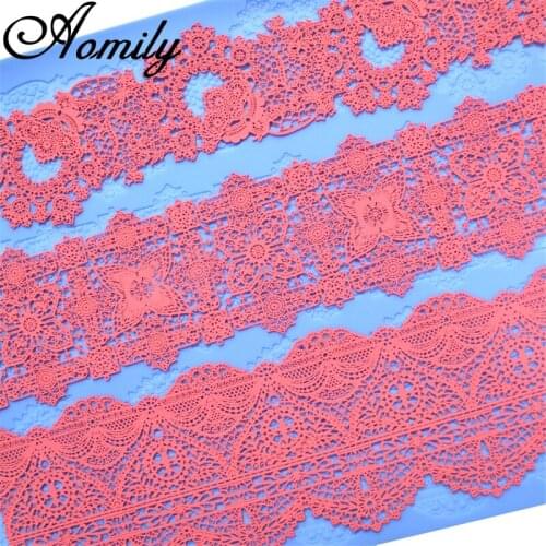 Aomily 3 Kinds of Lace Flower Silicone Mold Wedding birthday Cake Border Decoration Fondant Cake Surround Food Grade Mat Baking