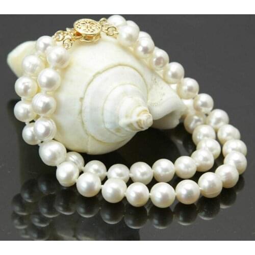 Fashion 2Rows 7-8mm Natural White Freshwater Cultured Pearl Beaded Bracelet 7.5"