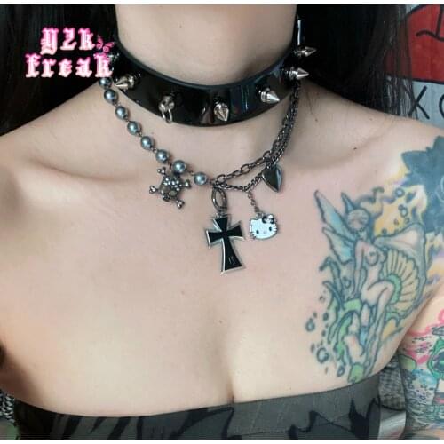 Y2K Gothic Choker Shining Diamond Skull Skeleton Spice Girl Cross Dark Bead Clavicle Chain Necklace Grunge Egirl