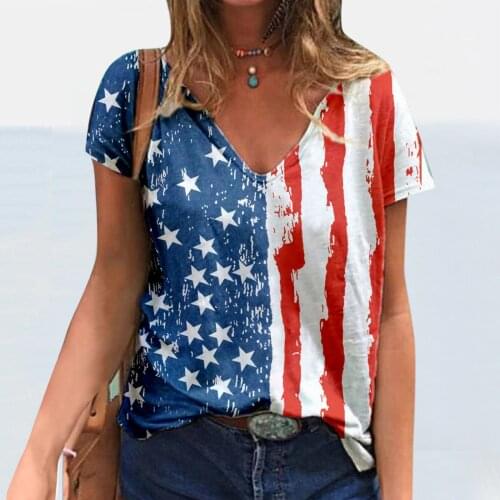 Color stripe star print T-shirt V-neck short sleeve womens top 2021 summer new loose and comfortable womens wear Костюмы с шор