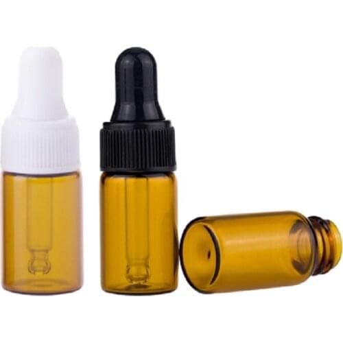 1ML 2ML 3ML Amber Glass Dropper Bottles Empty Cosmetic Packaging Vials Pipette Essential Oil Bottle with Plastic Rubber 100pcs