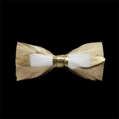 Free Shipping New fashion casual male Mens Golden feather bow tie white crash color Pu leather knot bridegroom wedding Party