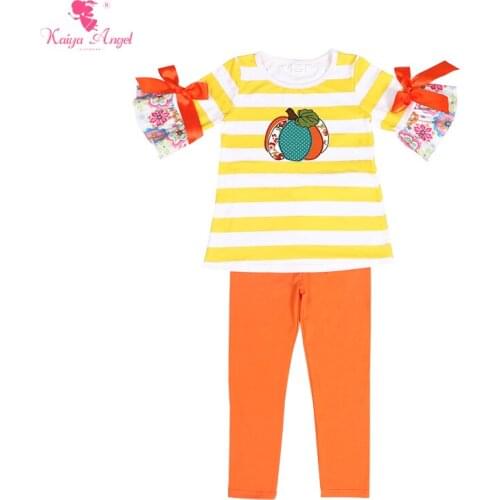 Kaiya Angel Halloween Pumpkin Boutique Kids Clothing Orange Bow Flower Toddler Girls Summer Clothing Set Back To School Outfit