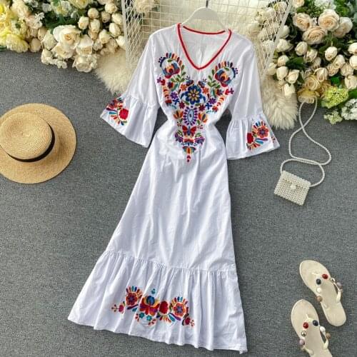 Summer Horn Sleeve Patchwork Ruffle Layer Slim Dress Vintage Women Heavy Industry Embroidery Ethnic Style Dresses 2020 New
