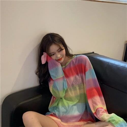 Sweet Rainbow Mesh Gauze Striped T-shirt Womens Tshirts Japan Kawaii Ulzzang Female Sweet Lovely Harajuku Tshirt for Women