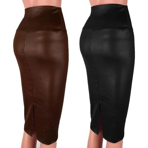 Fashion Women High Waist Split Faux Leather Knee Length Bodycon Pencil Skirt