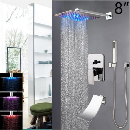 OUBONI 8/16 Inch LED Chrome Polished Bathroom Shower Set Rainfall Head Ceiling Mount Mixer Chrome Brass Bathtub Shower Faucet