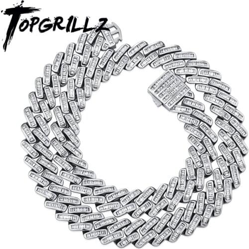 TOPGRILLZ 12mm Baguette Prong Cuban Link Necklace Luxury Iced Out CZ Mens Necklace Hip Hop Rock Fashion Jewelry For Gift