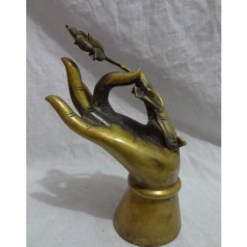 Song voge gem S2889 9" Chinese Bronze Buddhist Lotus Kwan-Yin GuanYin Buddha Hand Statue Holder