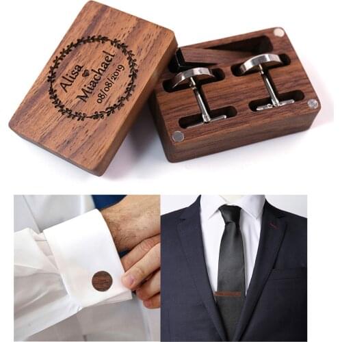 Customized Engraved Letter Wooden Cufflinks Tie Clips Black Walnut Box Jewelry Set Personalized Men Valentine Birthday Gift Male