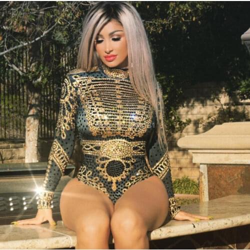 Sexy Sparkly beyonc Bodysuit Womens Long Sleeves Rhinestone Birthday Celebrate Outfit Nightclub Costume Singer Leotard Wear