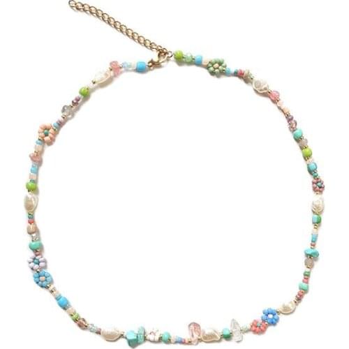 Handmade jewelry pastoral style colored rice beads small flowers natural pearl ladies choker necklace cute fashion accessories