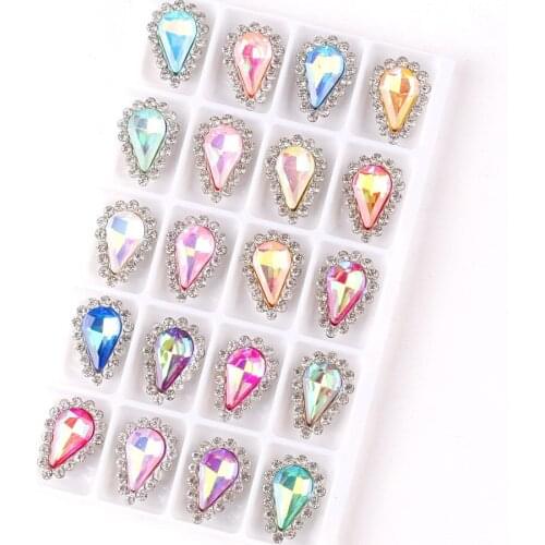 Jelly candy AB glass crystal with rhinestones in Silver claw settings 8x13mm Slim water drop shape 20pcs/pack Sew on rhinestone
