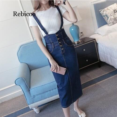 Women Long Denim Skirt With Straps Women Button Jeans Skirts Plus Size 5XL High Waist Pencil Skirt Denim Skirts