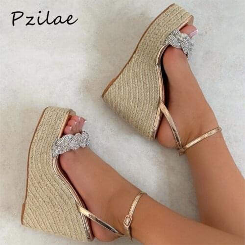 Pzilae 2021 New Fashion Womens High Wedge Espadrill Sandals Summer Elegant Rhinestone Thick Platform Roped Sole Sandals Shoes