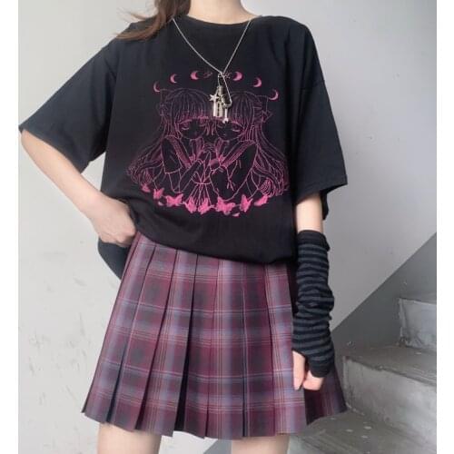 Anime Print Harajuku Short Sleeve Women T-Shirts Loose Punk Gothic Clothes Dropshipping Vintage Black Top Tee Y2K Korean Style