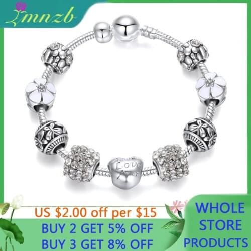 LMNZB Antique Silver Charm Bracelet White Heart/Flower Pattern Crystal Beads Bracelet Fashion Jewelry Gift for Women Girl BR052