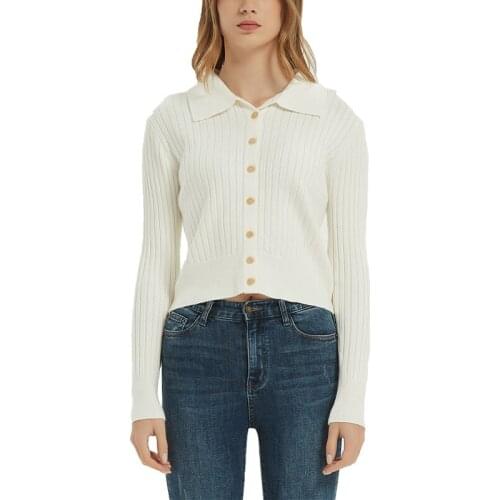 Spring and autumn womens sweater casual solid color lapel long sleeve cardigan sweater