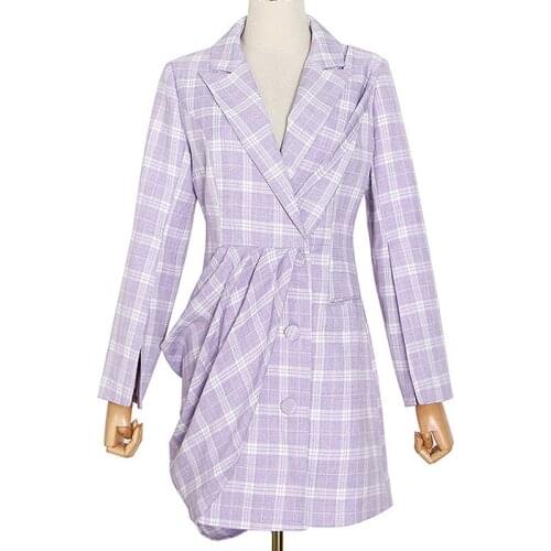 SeeBeautiful Loose Dress Plaid Notched Collar Long Sleeve Pleated Patch Single Breasted New Fashion 2021 Spring Women T756