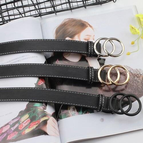 2021 New Women Gold Black Silver Big Double Ring Circle Buckle Belt Waistband Female Ladies Wide Leather Straps Belts for Jeans