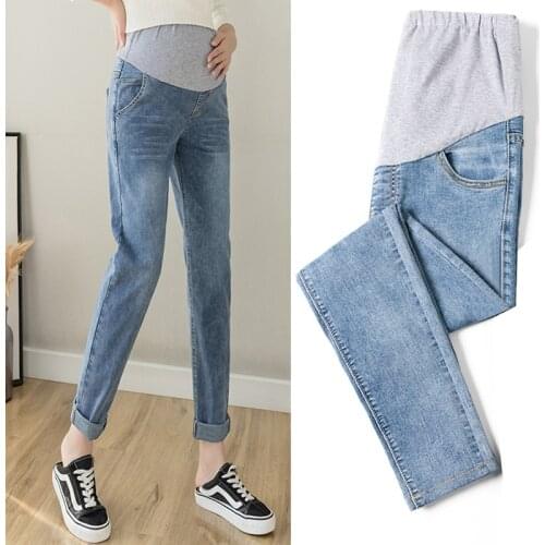 6696# Autumn Denim Maternity Jeans Elastic Waist Belly Straight Casual Pants Clothes for Pregnant Women Pregnancy Trousers