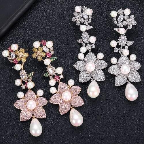 Accking luxury pearl flower Earrings For Women Accessories Full Cubic Zirconia Earrings Jewelry pendientes mujer moda