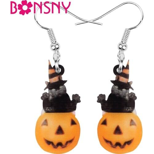 Bonsny Acrylic Halloween Pumpkin Head Cat Earrings Printing Animal Dangle Drop Jewelry For Women Girls Funny Gift Accessories