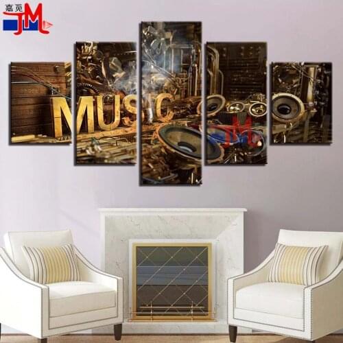 Diamond Painting 5 Panel Musical Instruments Picture DIY Round Full Diamond Embroidery Kit "Music" Bar Concert Hall Decor Crafts