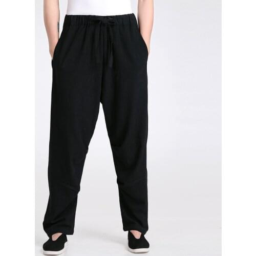 Black pants loose Chinese Mens Kung Fu Trousers Cotton Linen Mid Waist Harem Pant Casual Loose High Quality hot sale