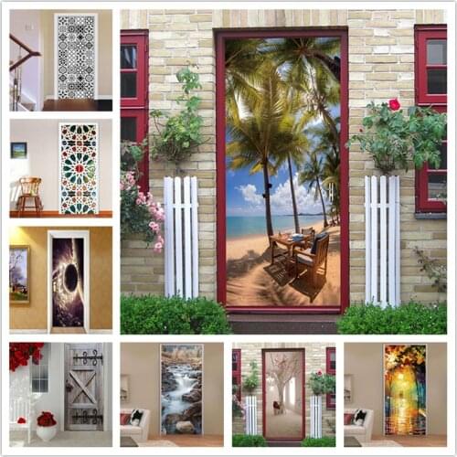 Door Sticker Tree Beach Waterproof Wallpaper for Doors Home Decor Living Room Bedroom DIY Self-adhesive Waterproof Mural Decals
