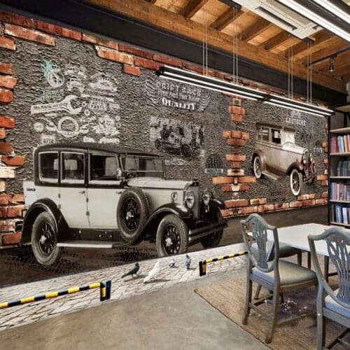 Photo wallpaper Retro classic car nostalgic brick wall background decorative wall mural restaurant bar studio office wallpaper