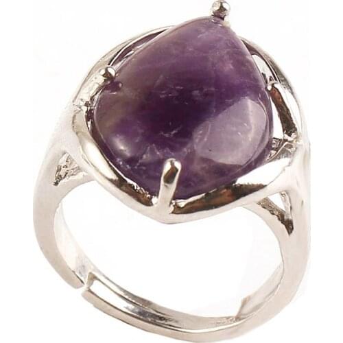 FYJS Unique Silver Plated Jewelry Water Drop Natural Purple Amethysts Stone Resizable Finger Ring