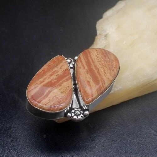 Gemstonefactory Jewelry Big Promotion Single Unique 925 Silver Natural Wood Jasper Women Men Fashion Gifts Rings 8.5# 20212534