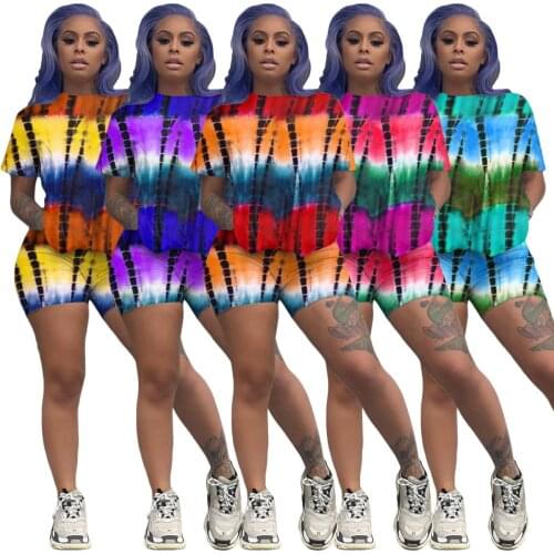 Summer Tie-dyed Printed Short Sleeve Tops with Pocket+Straight Tight Mini Shorts Skinny Short Pants 2 Pieces Casual Tracksuits