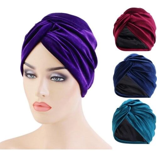 Fashion Velvet Twist Turban Muslim Women Double Layer Hijab Hat Silky Satin Linning Cap Head Scarf Turbans Hair Loss Headwear