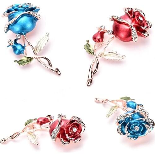 Fashion Women Luxury Red/Blue Rhinestones Rose Flower Brooch Pin Wedding Bridal Dress Accessories Jewelry Broches