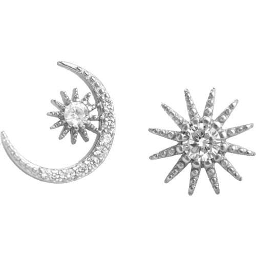 2021 New Fashion Asymmetry Silver Color Crystal Zircon Moon Sun Stud Earrings For Women Girls Charms Elegant Personality Jewelry