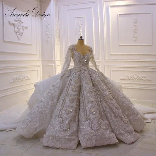Amanda Design robe de mariee courte Long Sleeve Crystal 3D Flowers Royal Luxury Wedding Dress